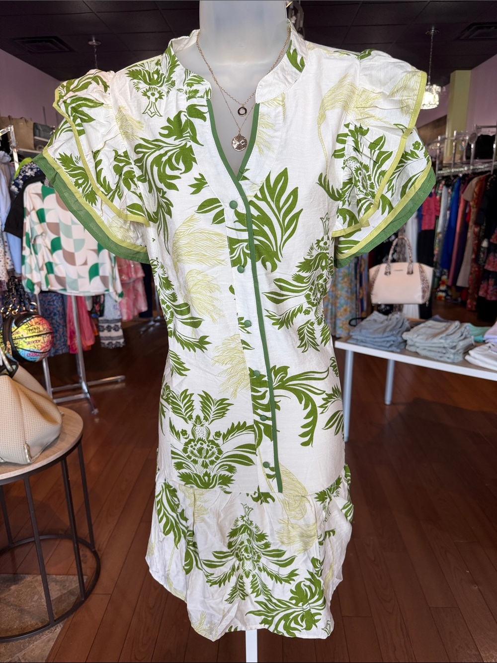 Green & White Tropical Print Button-Front Dress